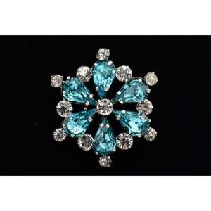 Vintage Czech Blue Rhinestone Floral Brooch Teardrop Crystal Pin Signed BinBP